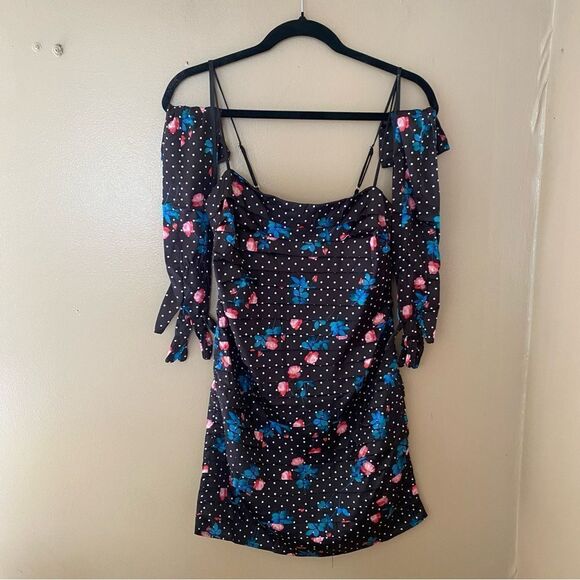 NWT For Love and Lemons posey mini dress black pink satin gloves M - Picture 9 of 13